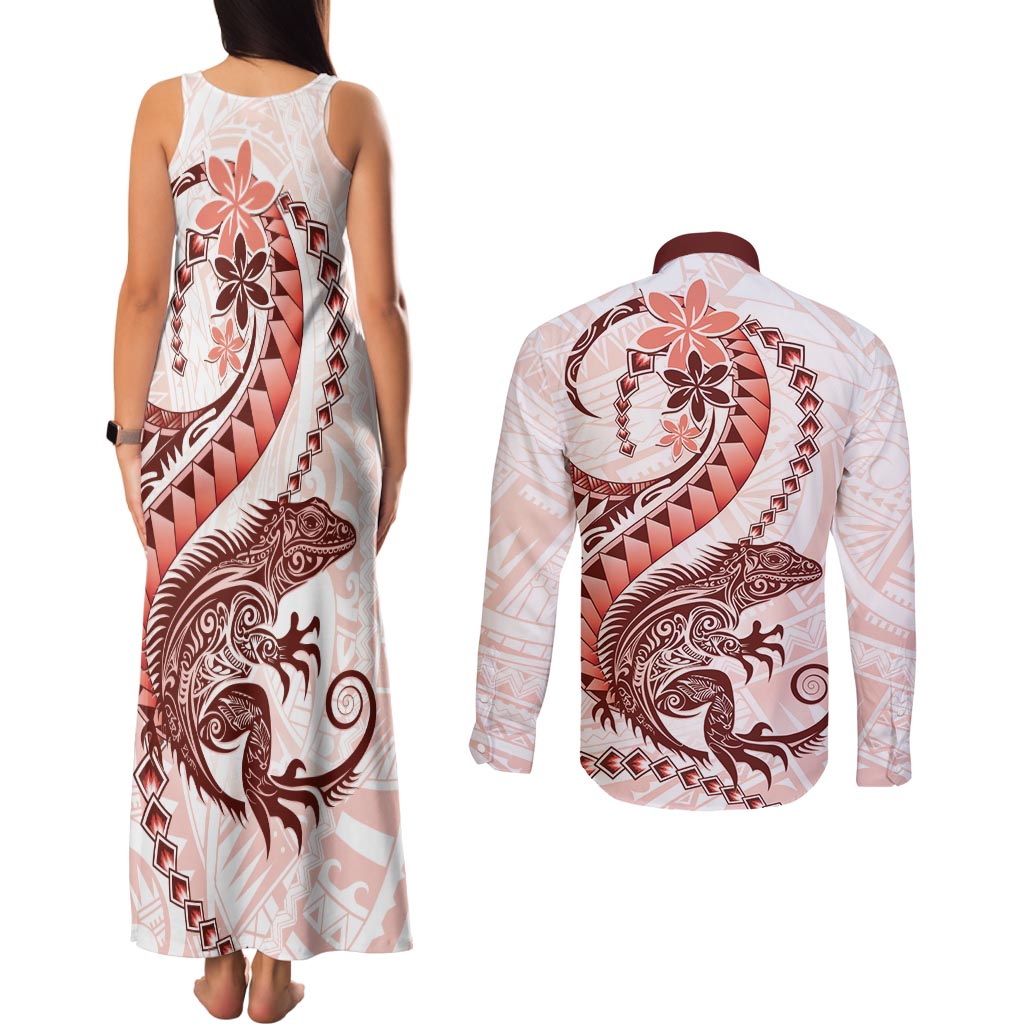 Red Maori Tuatara Couples Matching Tank Maxi Dress and Long Sleeve Button Shirt Luxury Pastel Pattern