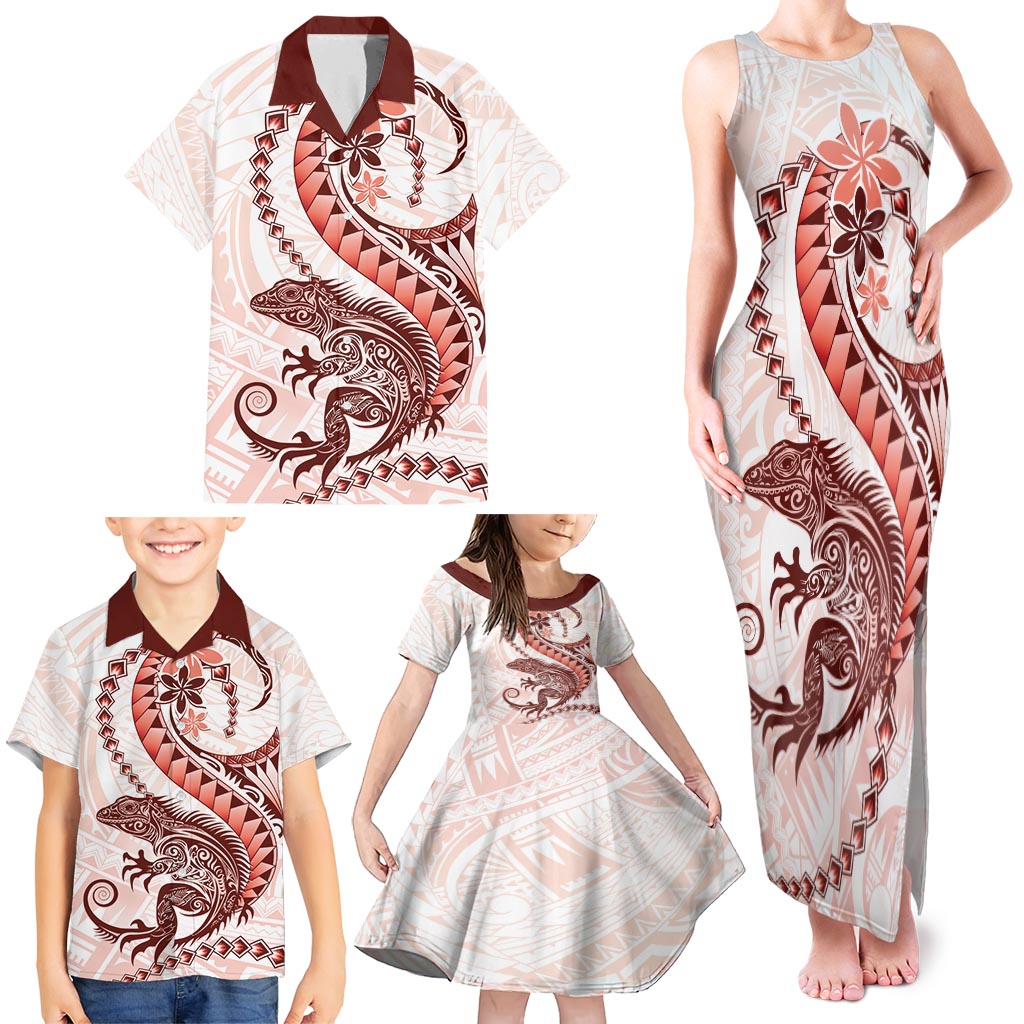 Red Maori Tuatara Family Matching Tank Maxi Dress and Hawaiian Shirt Luxury Pastel Pattern