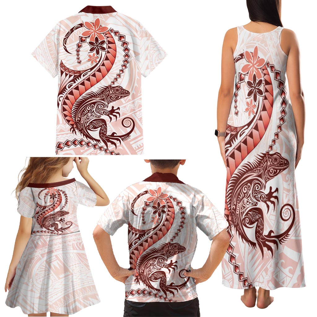 Red Maori Tuatara Family Matching Tank Maxi Dress and Hawaiian Shirt Luxury Pastel Pattern