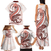 Red Maori Tuatara Family Matching Tank Maxi Dress and Hawaiian Shirt Luxury Pastel Pattern