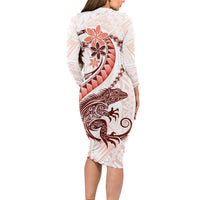 Red Maori Tuatara Long Sleeve Bodycon Dress Luxury Pastel Pattern LT01 - Polynesian Pride