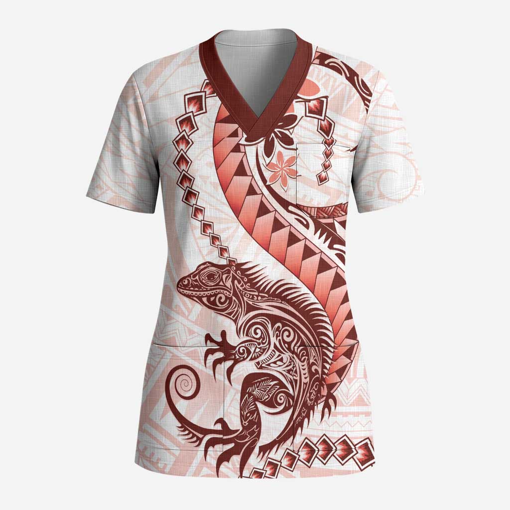 Red Maori Tuatara Scrub Top Luxury Pastel Pattern - Polynesian Pride
