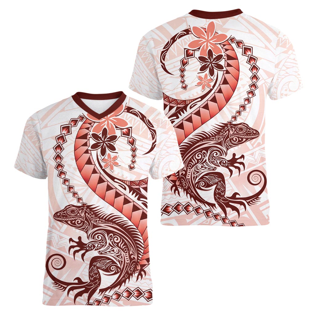 Red Maori Tuatara Women V-Neck T-Shirt Luxury Pastel Pattern