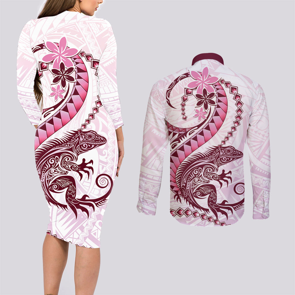 Pink Maori Tuatara Couples Matching Long Sleeve Bodycon Dress and Long Sleeve Button Shirt Luxury Pastel Pattern LT01 - Polynesian Pride