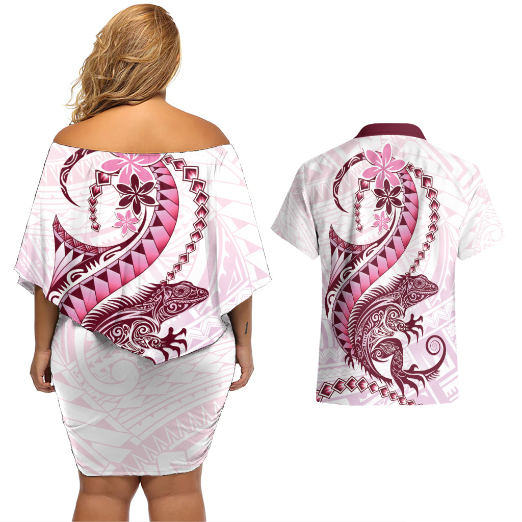 Pink Maori Tuatara Couples Matching Off Shoulder Short Dress and Hawaiian Shirt Luxury Pastel Pattern