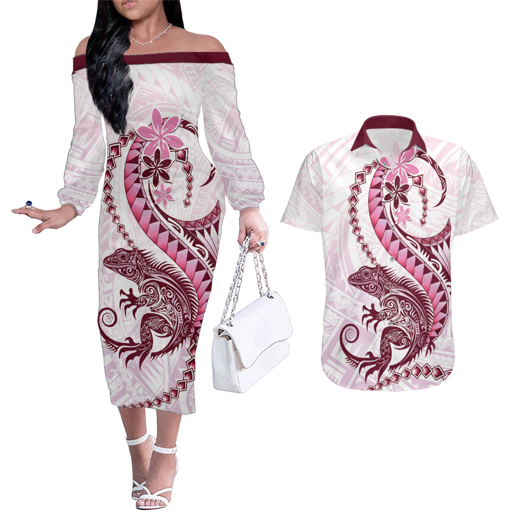 Pink Maori Tuatara Couples Matching Off The Shoulder Long Sleeve Dress and Hawaiian Shirt Luxury Pastel Pattern