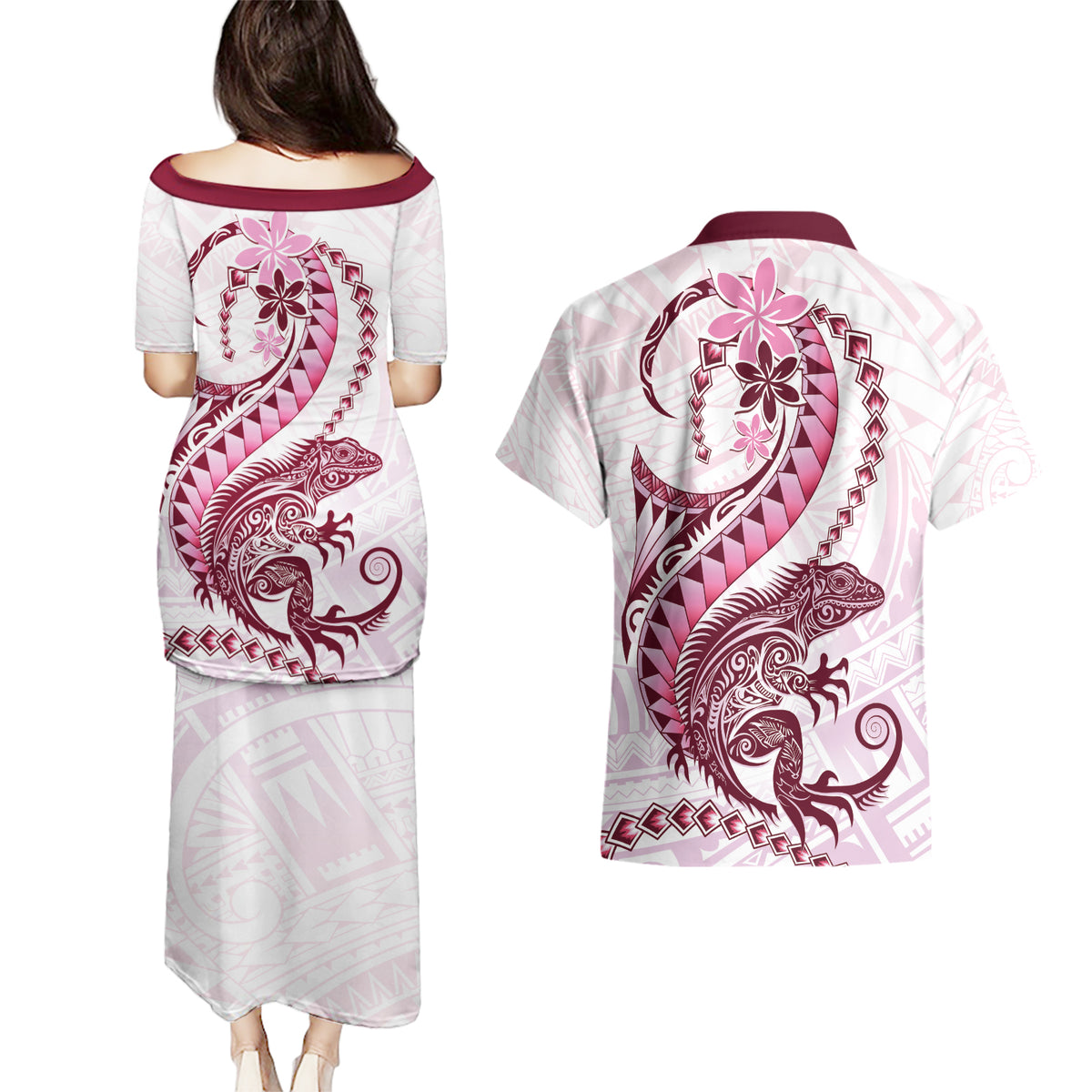 Pink Maori Tuatara Couples Matching Puletasi and Hawaiian Shirt Luxury Pastel Pattern LT01 - Polynesian Pride
