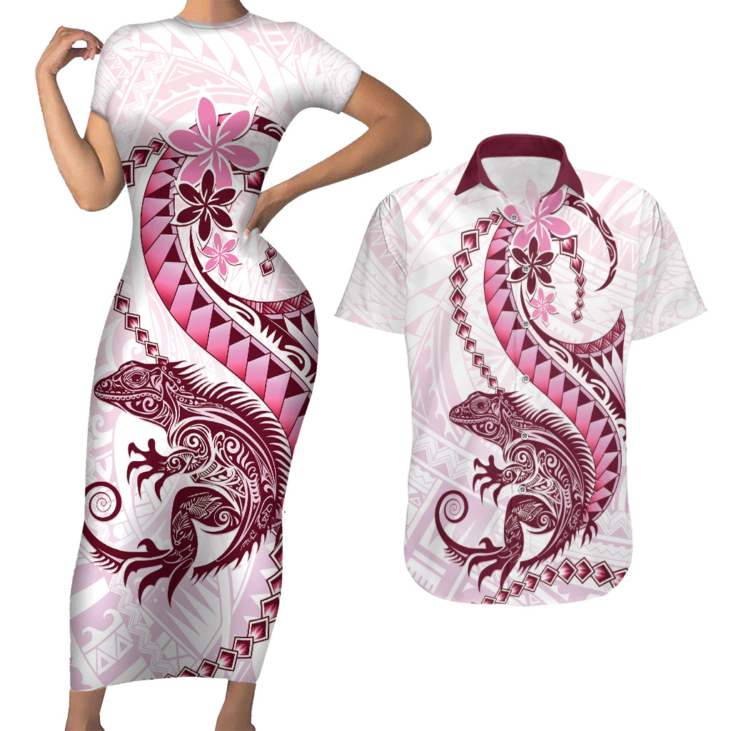 Pink Maori Tuatara Couples Matching Short Sleeve Bodycon Dress and Hawaiian Shirt Luxury Pastel Pattern LT01 Pink - Polynesian Pride