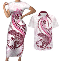 Pink Maori Tuatara Couples Matching Short Sleeve Bodycon Dress and Hawaiian Shirt Luxury Pastel Pattern LT01 Pink - Polynesian Pride