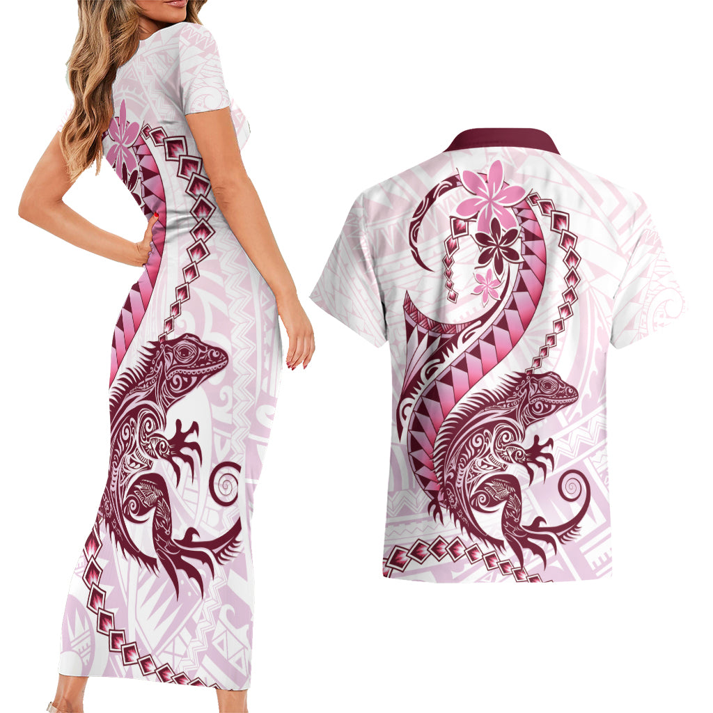 Pink Maori Tuatara Couples Matching Short Sleeve Bodycon Dress and Hawaiian Shirt Luxury Pastel Pattern LT01 - Polynesian Pride