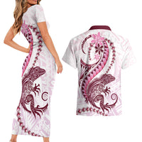 Pink Maori Tuatara Couples Matching Short Sleeve Bodycon Dress and Hawaiian Shirt Luxury Pastel Pattern LT01 - Polynesian Pride