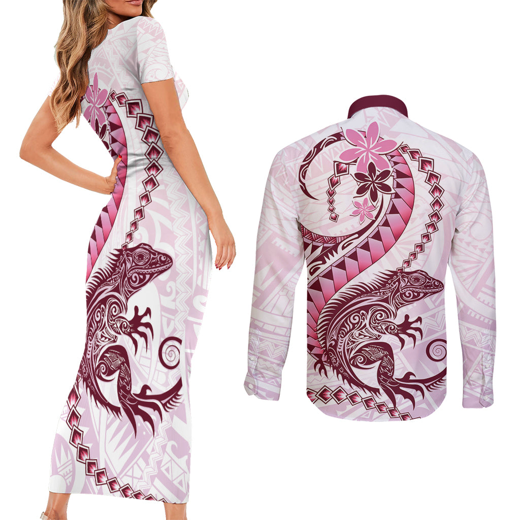 Pink Maori Tuatara Couples Matching Short Sleeve Bodycon Dress and Long Sleeve Button Shirt Luxury Pastel Pattern LT01 - Polynesian Pride