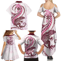 Pink Maori Tuatara Family Matching Summer Maxi Dress and Hawaiian Shirt Luxury Pastel Pattern
