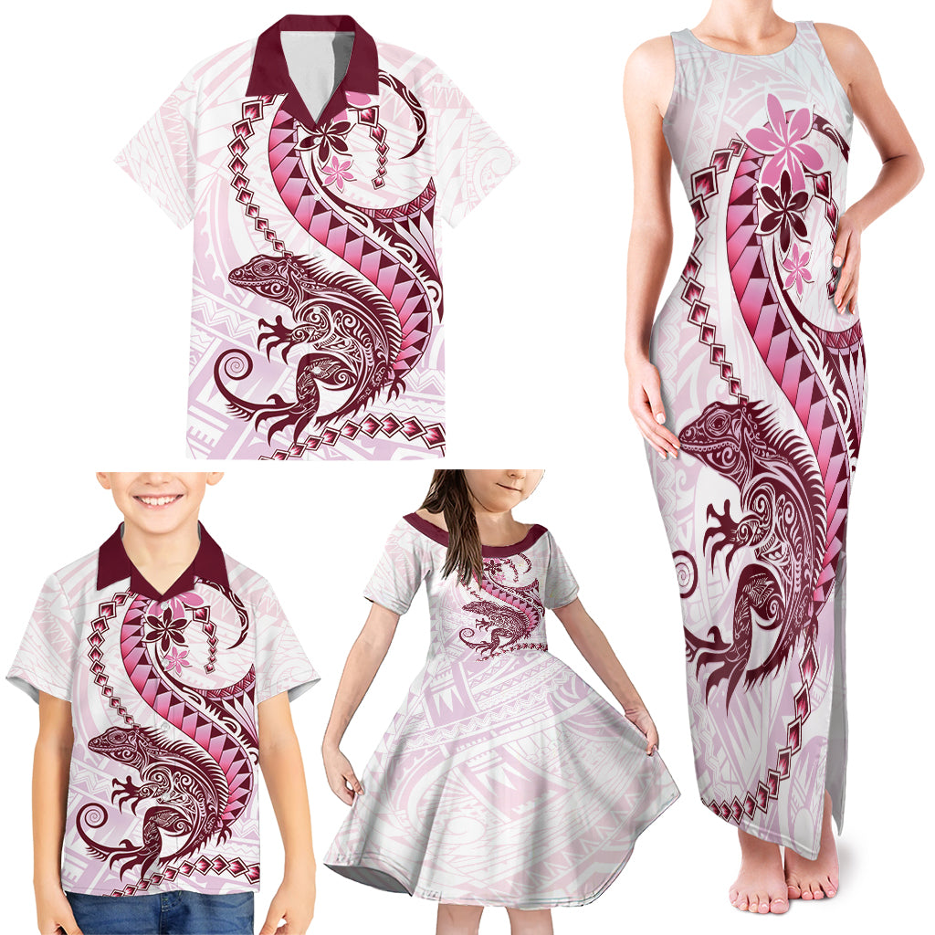 Pink Maori Tuatara Family Matching Tank Maxi Dress and Hawaiian Shirt Luxury Pastel Pattern