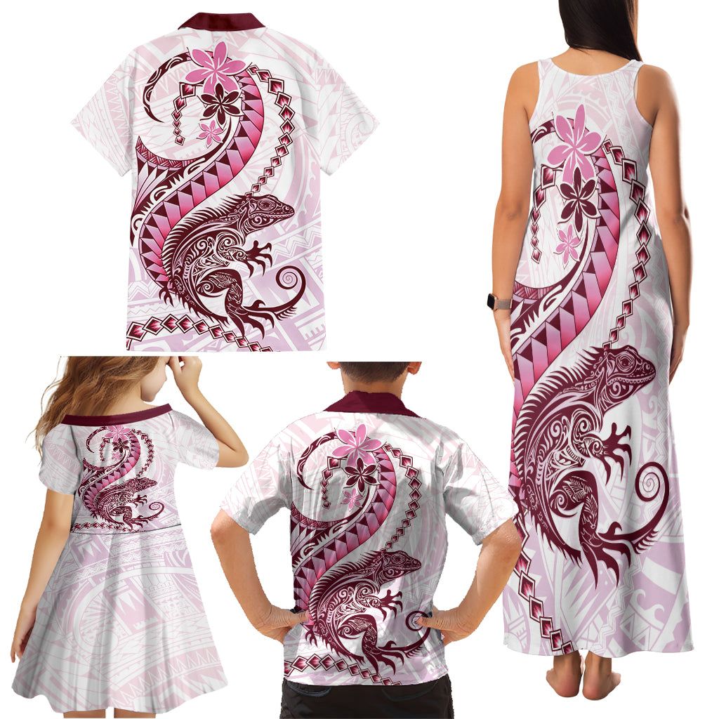 Pink Maori Tuatara Family Matching Tank Maxi Dress and Hawaiian Shirt Luxury Pastel Pattern