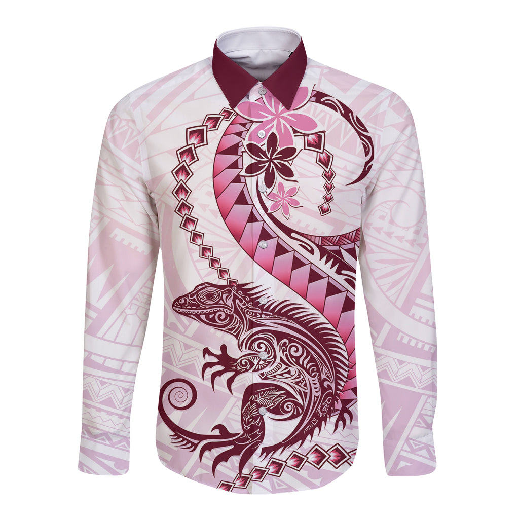 Pink Maori Tuatara Long Sleeve Button Shirt Luxury Pastel Pattern