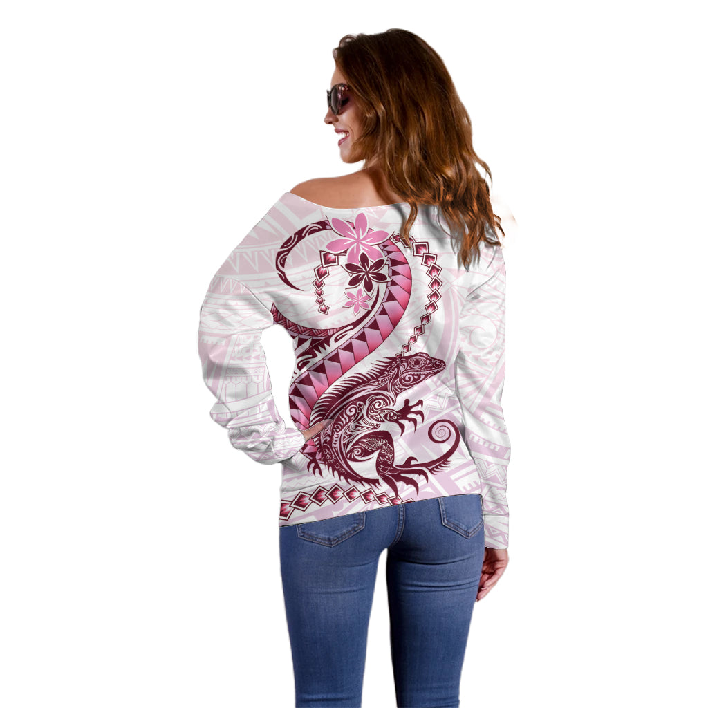 Pink Maori Tuatara Off Shoulder Sweater Luxury Pastel Pattern