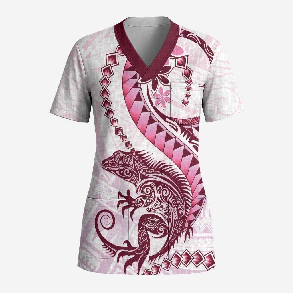 Pink Maori Tuatara Scrub Top Luxury Pastel Pattern - Polynesian Pride