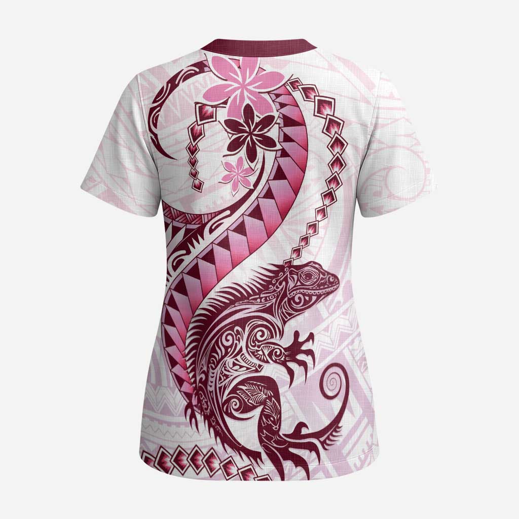 Pink Maori Tuatara Scrub Top Luxury Pastel Pattern - Polynesian Pride