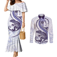 Purple Maori Tuatara Couples Matching Mermaid Dress and Long Sleeve Button Shirt Luxury Pastel Pattern LT01 Purple - Polynesian Pride