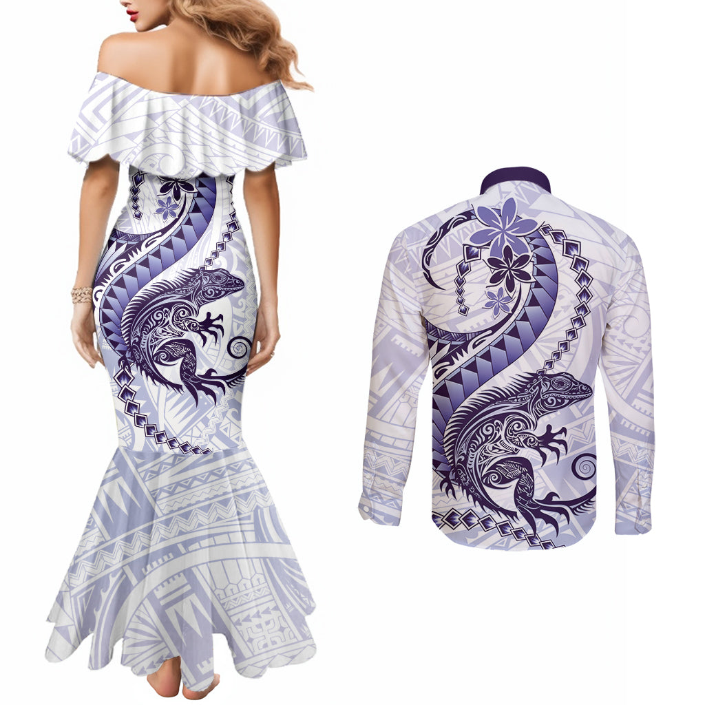 Purple Maori Tuatara Couples Matching Mermaid Dress and Long Sleeve Button Shirt Luxury Pastel Pattern LT01 - Polynesian Pride