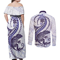 Purple Maori Tuatara Couples Matching Off Shoulder Maxi Dress and Long Sleeve Button Shirt Luxury Pastel Pattern