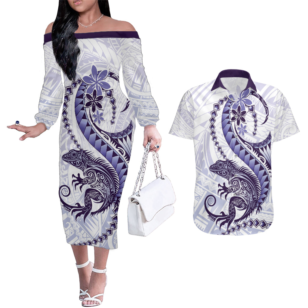 Purple Maori Tuatara Couples Matching Off The Shoulder Long Sleeve Dress and Hawaiian Shirt Luxury Pastel Pattern