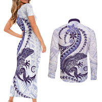 Purple Maori Tuatara Couples Matching Short Sleeve Bodycon Dress and Long Sleeve Button Shirt Luxury Pastel Pattern LT01 - Polynesian Pride