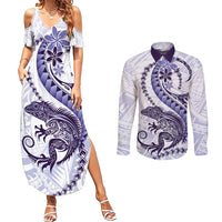 Purple Maori Tuatara Couples Matching Summer Maxi Dress and Long Sleeve Button Shirt Luxury Pastel Pattern