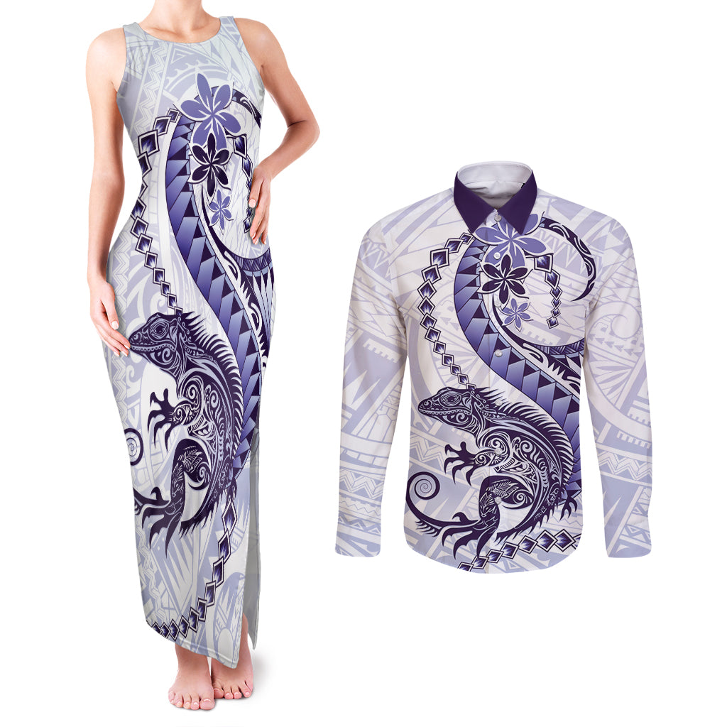 Purple Maori Tuatara Couples Matching Tank Maxi Dress and Long Sleeve Button Shirt Luxury Pastel Pattern