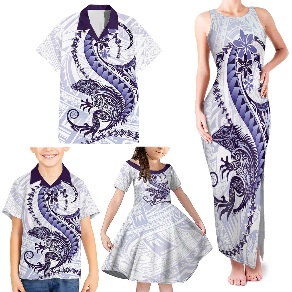 Purple Maori Tuatara Family Matching Tank Maxi Dress and Hawaiian Shirt Luxury Pastel Pattern
