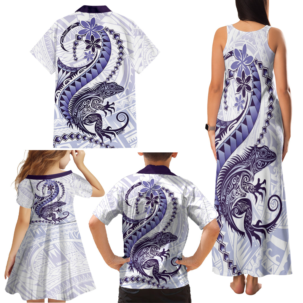 Purple Maori Tuatara Family Matching Tank Maxi Dress and Hawaiian Shirt Luxury Pastel Pattern