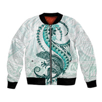 Teal Maori Tuatara Bomber Jacket Luxury Pastel Pattern LT01 Unisex Teal - Polynesian Pride