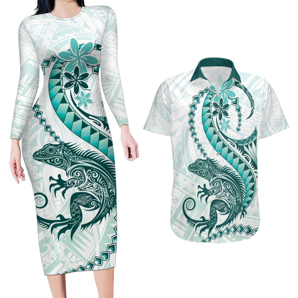 Teal Maori Tuatara Couples Matching Long Sleeve Bodycon Dress and Hawaiian Shirt Luxury Pastel Pattern LT01 Teal - Polynesian Pride