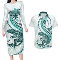 Teal Maori Tuatara Couples Matching Long Sleeve Bodycon Dress and Hawaiian Shirt Luxury Pastel Pattern LT01 Teal - Polynesian Pride