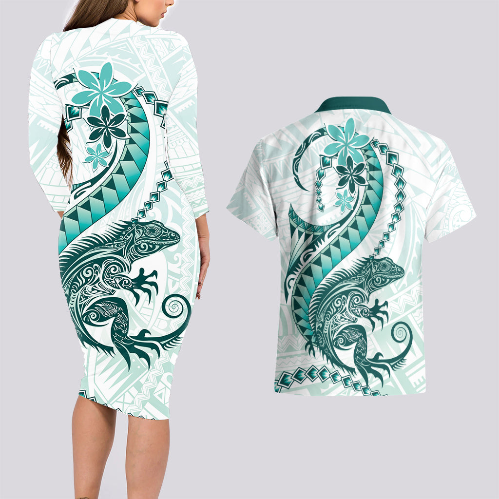 Teal Maori Tuatara Couples Matching Long Sleeve Bodycon Dress and Hawaiian Shirt Luxury Pastel Pattern LT01 - Polynesian Pride