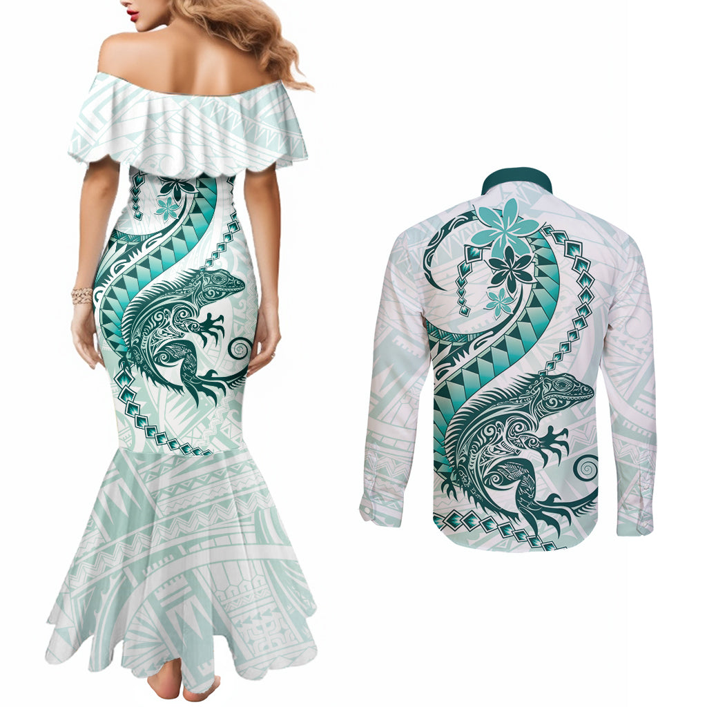 Teal Maori Tuatara Couples Matching Mermaid Dress and Long Sleeve Button Shirt Luxury Pastel Pattern