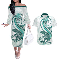 Teal Maori Tuatara Couples Matching Off The Shoulder Long Sleeve Dress and Hawaiian Shirt Luxury Pastel Pattern