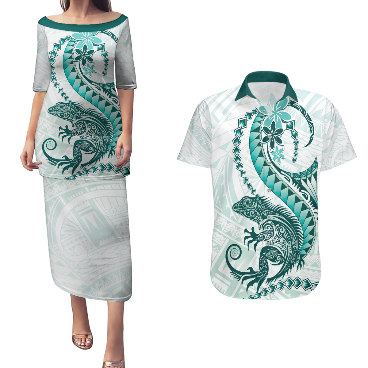 Teal Maori Tuatara Couples Matching Puletasi and Hawaiian Shirt Luxury Pastel Pattern