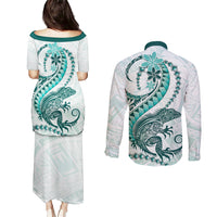 Teal Maori Tuatara Couples Matching Puletasi and Long Sleeve Button Shirt Luxury Pastel Pattern