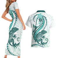 Teal Maori Tuatara Couples Matching Short Sleeve Bodycon Dress and Hawaiian Shirt Luxury Pastel Pattern LT01 - Polynesian Pride