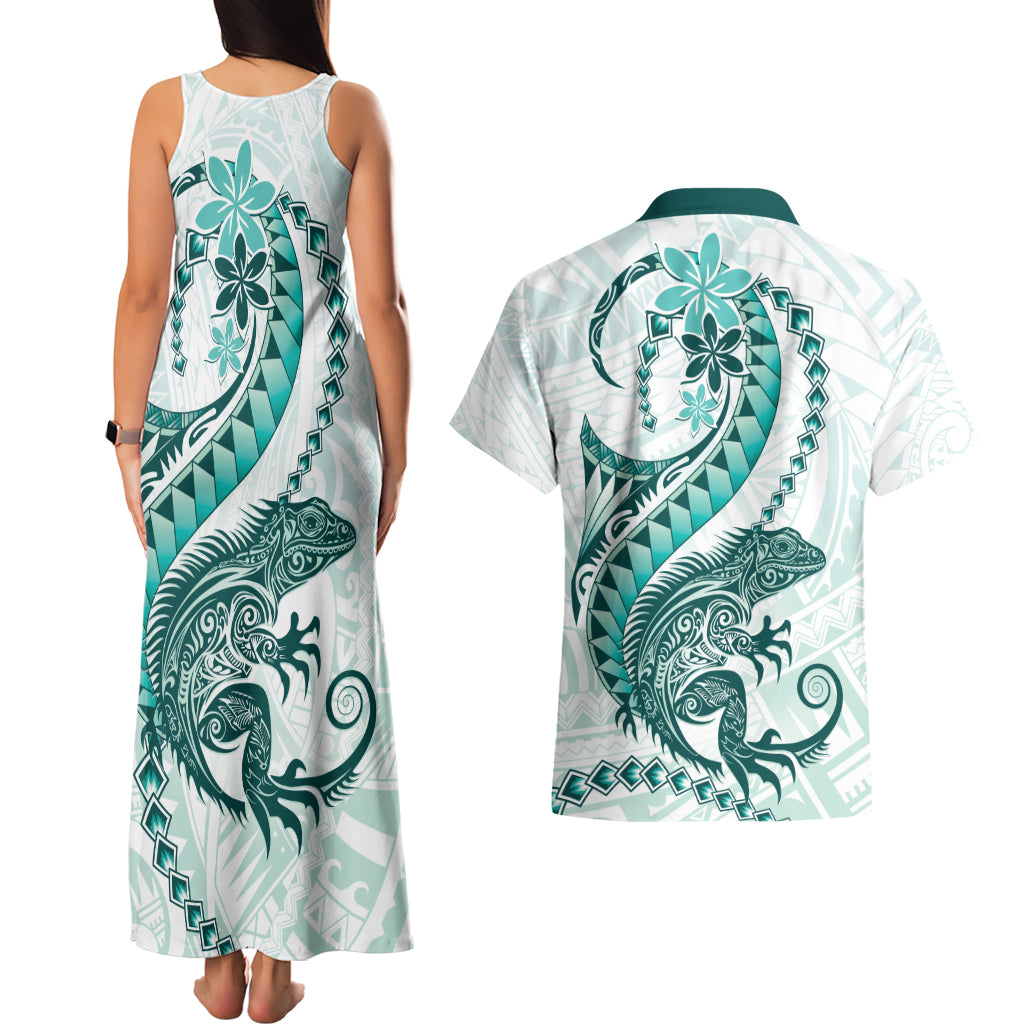 Teal Maori Tuatara Couples Matching Tank Maxi Dress and Hawaiian Shirt Luxury Pastel Pattern