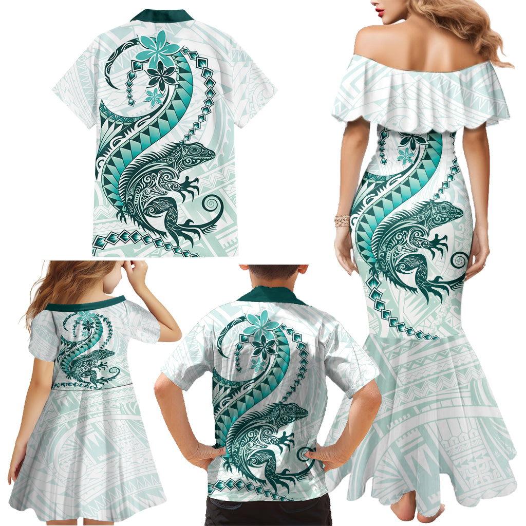 Teal Maori Tuatara Family Matching Mermaid Dress and Hawaiian Shirt Luxury Pastel Pattern