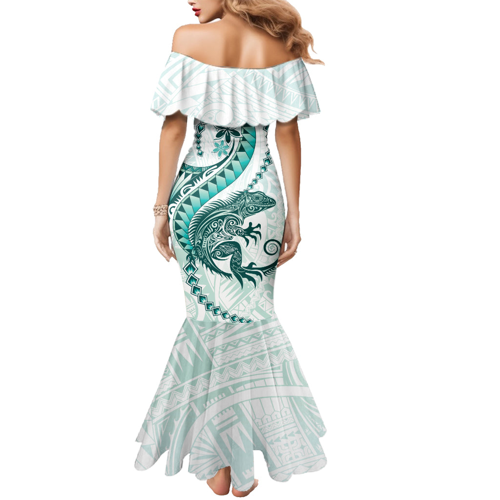 Teal Maori Tuatara Family Matching Mermaid Dress and Hawaiian Shirt Luxury Pastel Pattern