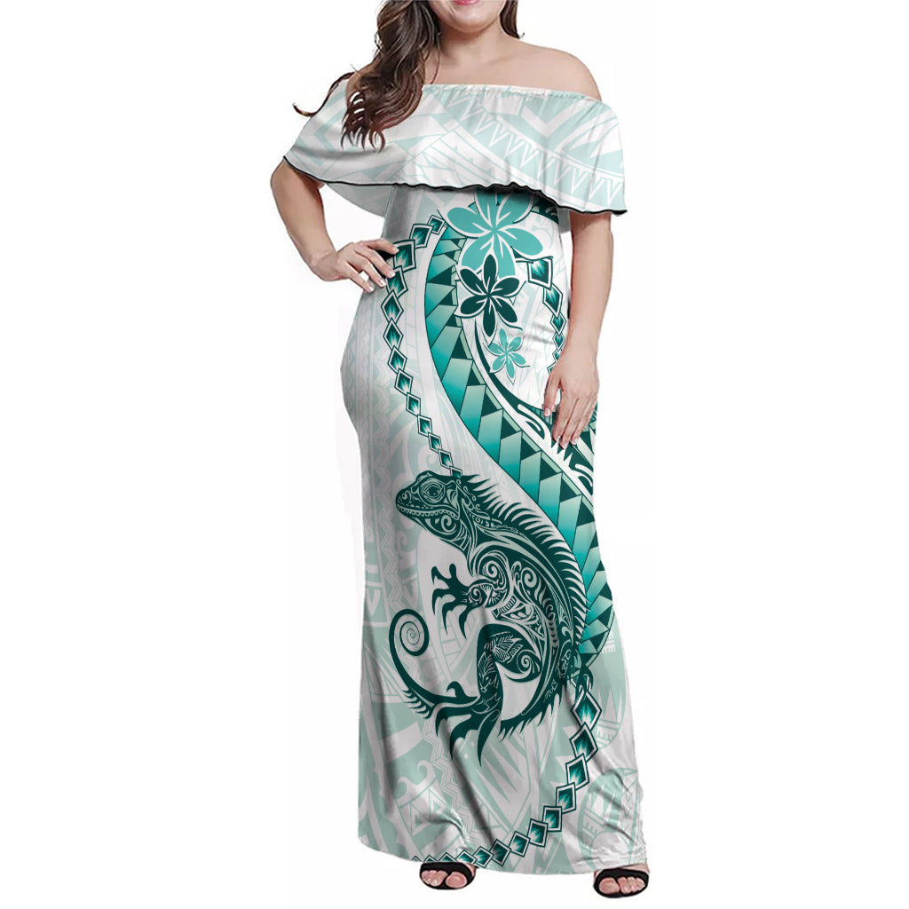 Teal Maori Tuatara Family Matching Off Shoulder Maxi Dress and Hawaiian Shirt Luxury Pastel Pattern