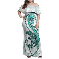 Teal Maori Tuatara Family Matching Off Shoulder Maxi Dress and Hawaiian Shirt Luxury Pastel Pattern