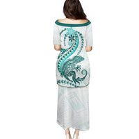 Teal Maori Tuatara Family Matching Puletasi and Hawaiian Shirt Luxury Pastel Pattern