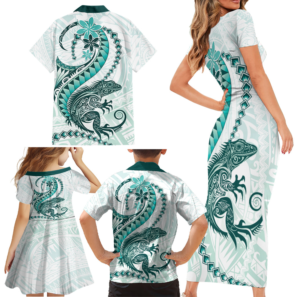Teal Maori Tuatara Family Matching Short Sleeve Bodycon Dress and Hawaiian Shirt Luxury Pastel Pattern