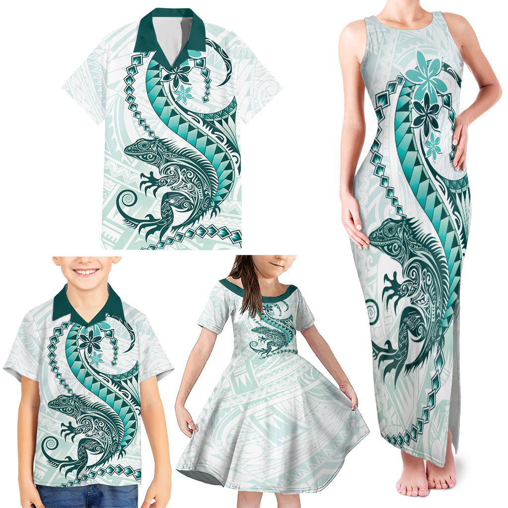 Teal Maori Tuatara Family Matching Tank Maxi Dress and Hawaiian Shirt Luxury Pastel Pattern