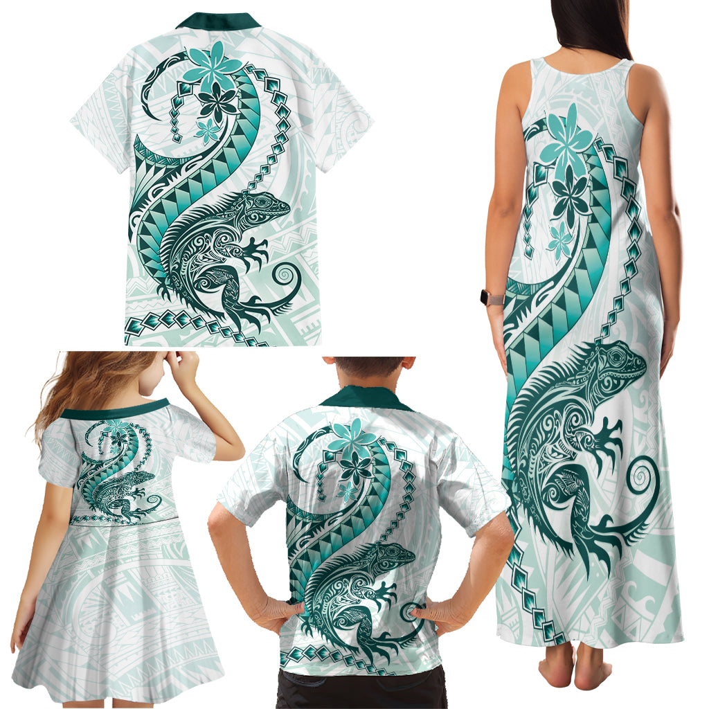 Teal Maori Tuatara Family Matching Tank Maxi Dress and Hawaiian Shirt Luxury Pastel Pattern